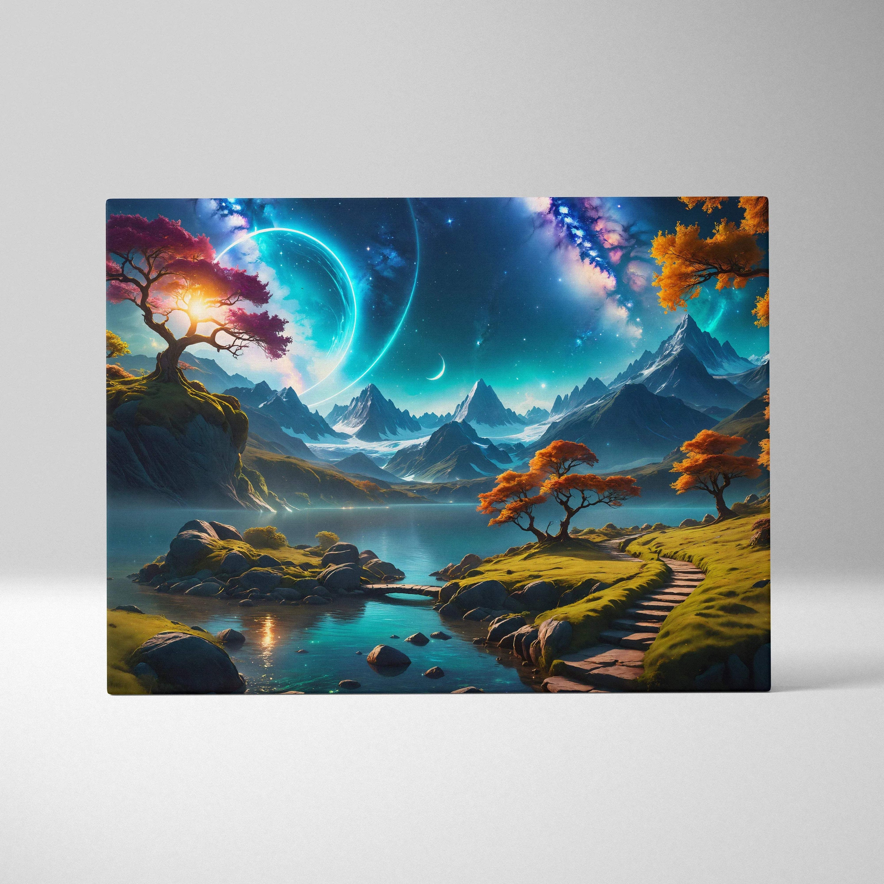 Epic fantasy celestial valley canvas wall art with glowing blue ring, autumn trees, snow-capped mountains, starry sky, teal blues, emerald greens, golds, purples, lakes