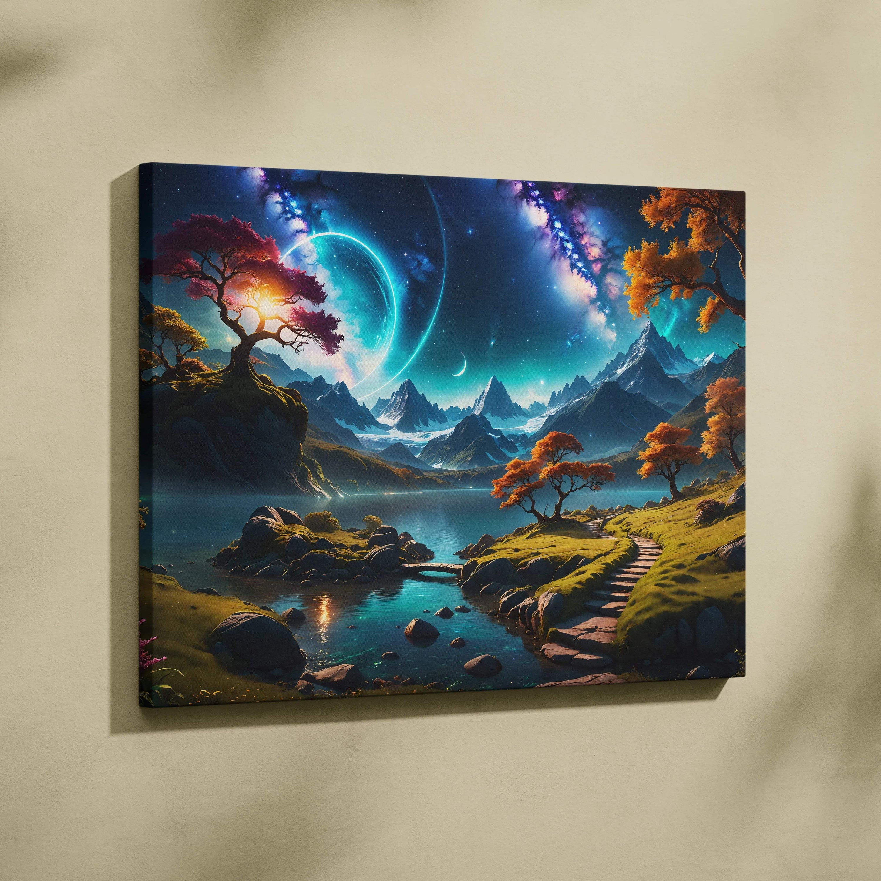 Epic fantasy celestial valley canvas with glowing blue planet, autumn trees, mountains in lake reflection