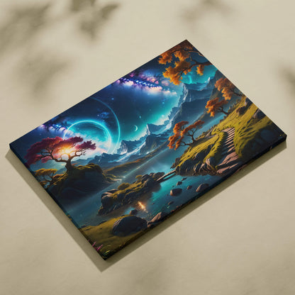 Epic fantasy celestial valley canvas with glowing tree, planets, lakes, mountains