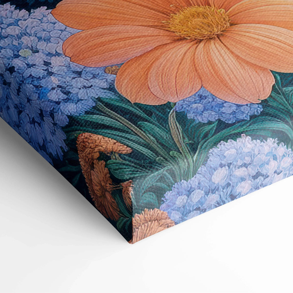 Vibrant orange flower with yellow center, blue hydrangeas on dark canvas art
