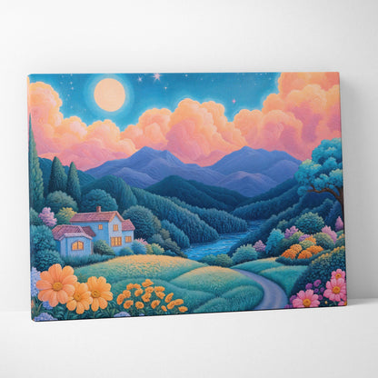 Whimsical cottage in moonlit serene pastel river valley canvas art
