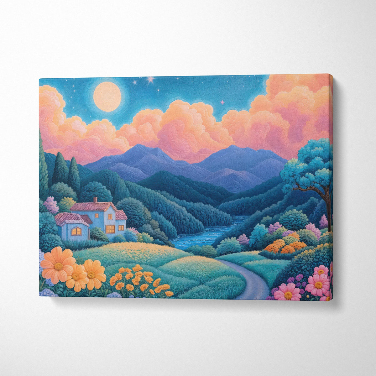Whimsical cottage in moonlit mountain valley with dreamy river and pastel flowers
