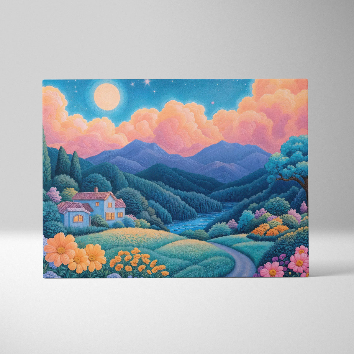 Whimsical pastel cottage landscape canvas with moonlit sky