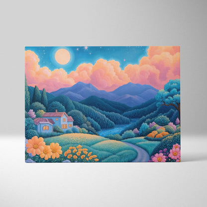 Whimsical pastel cottage landscape canvas with moonlit sky