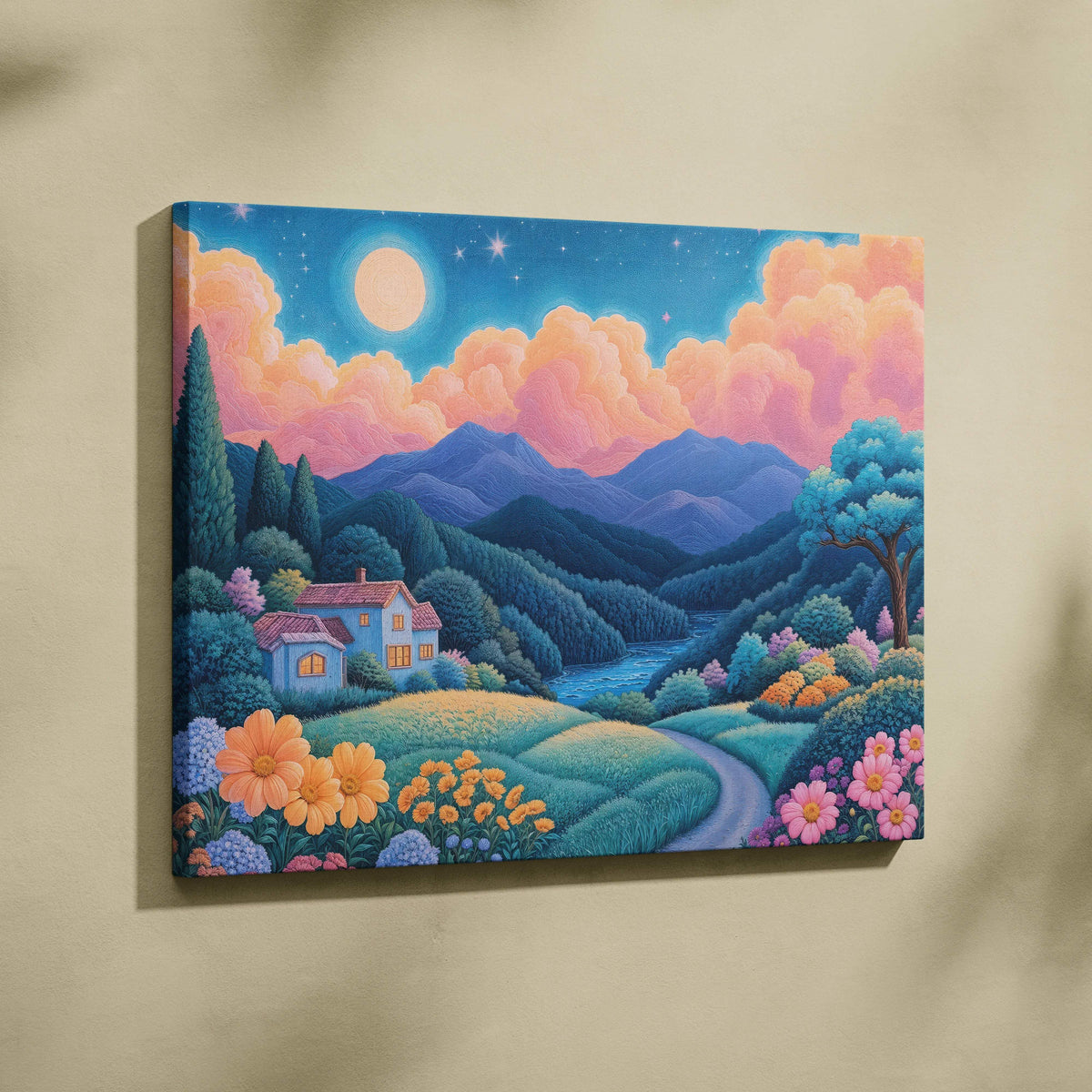 Whimsical cottage in moonlit river valley landscape, serene pastel canvas art