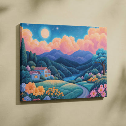 Whimsical cottage in moonlit river valley landscape, serene pastel canvas art