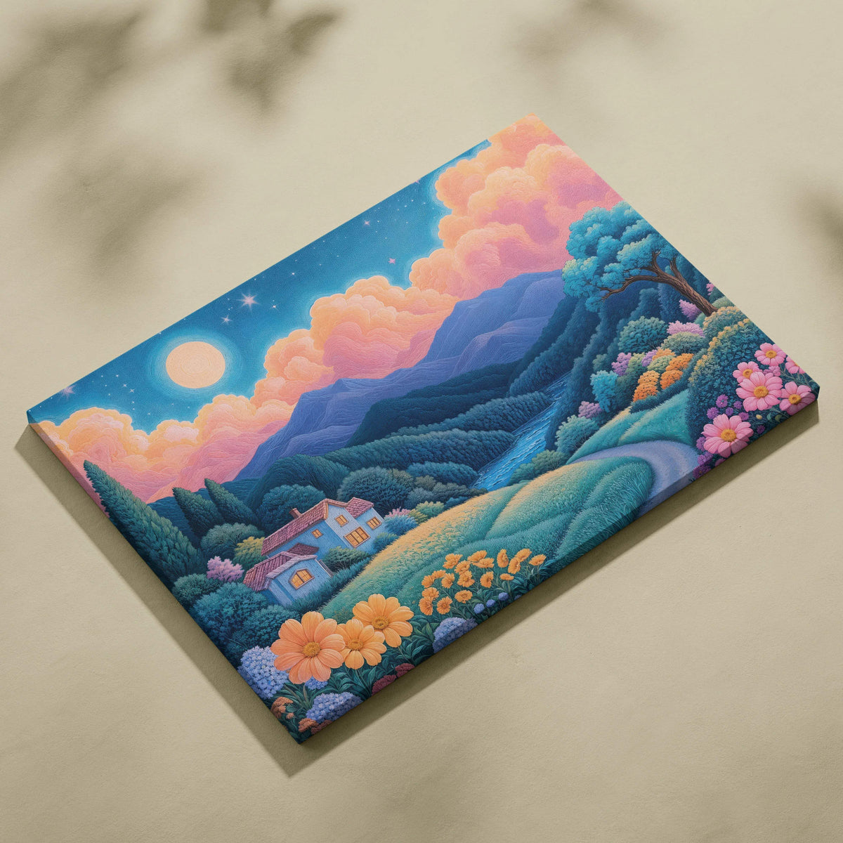 Whimsical pastel mountain cottage with moonlit sky and river valley canvas art