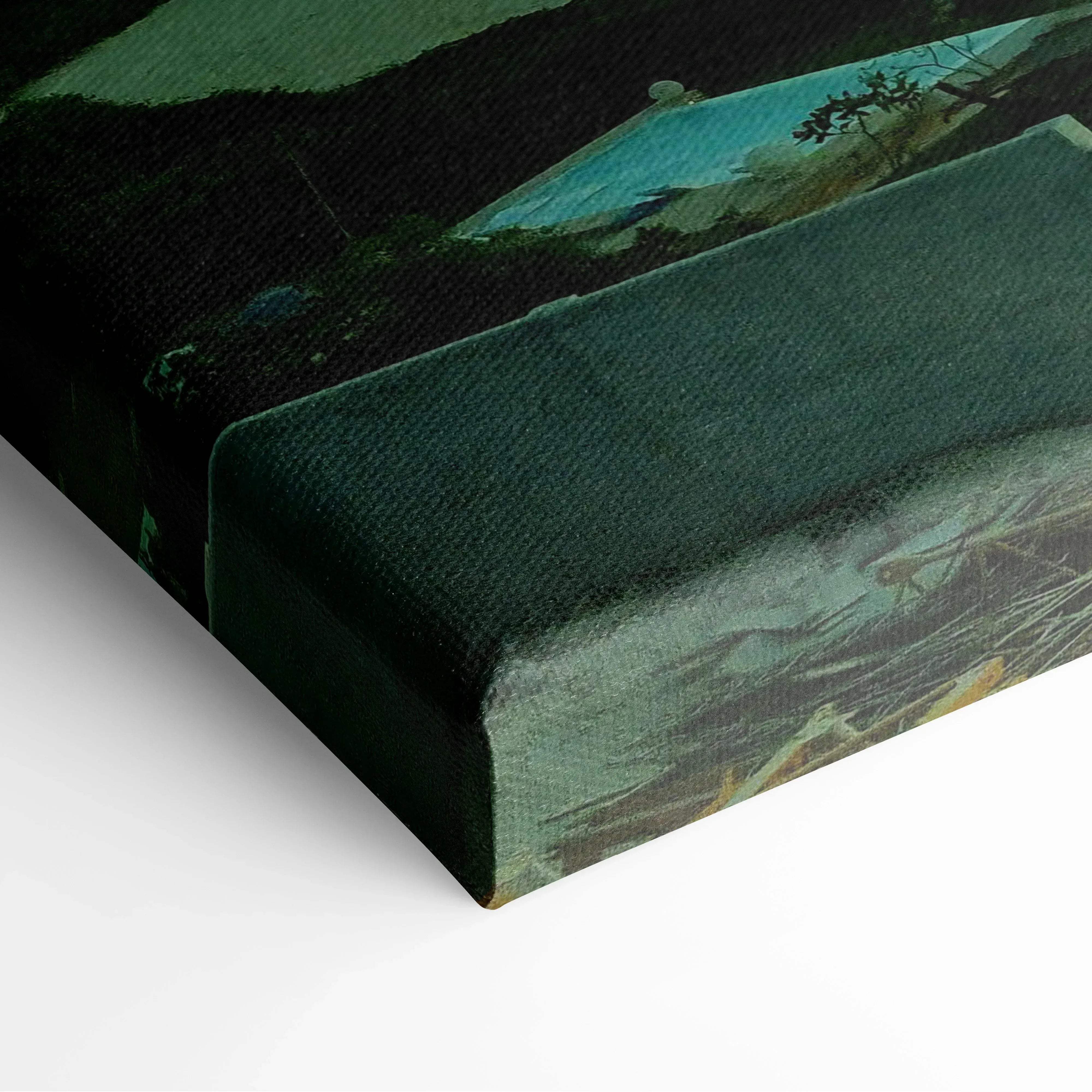 Dark green canvas print with textured surface and visible weave featuring dubai skyline cityscape in sunset glow tones