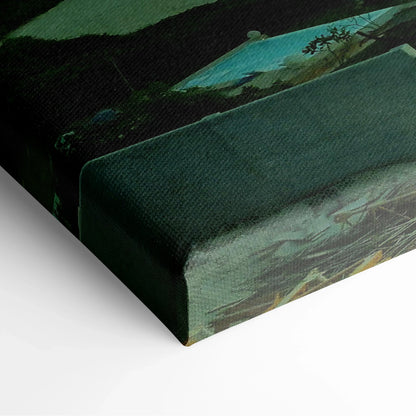 Close-up of vibrant cityscape canvas wall art with rich dark green and blue tones on a textured surface.