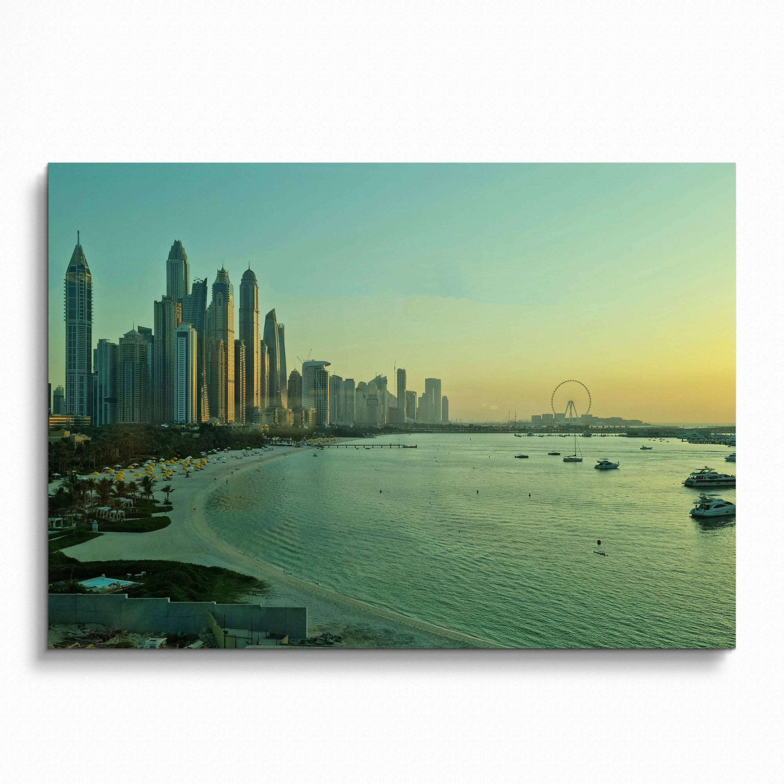 Vibrant cityscape poster showing modern skyscrapers along a curved waterfront under a soft sunset sky, wall art for home.
