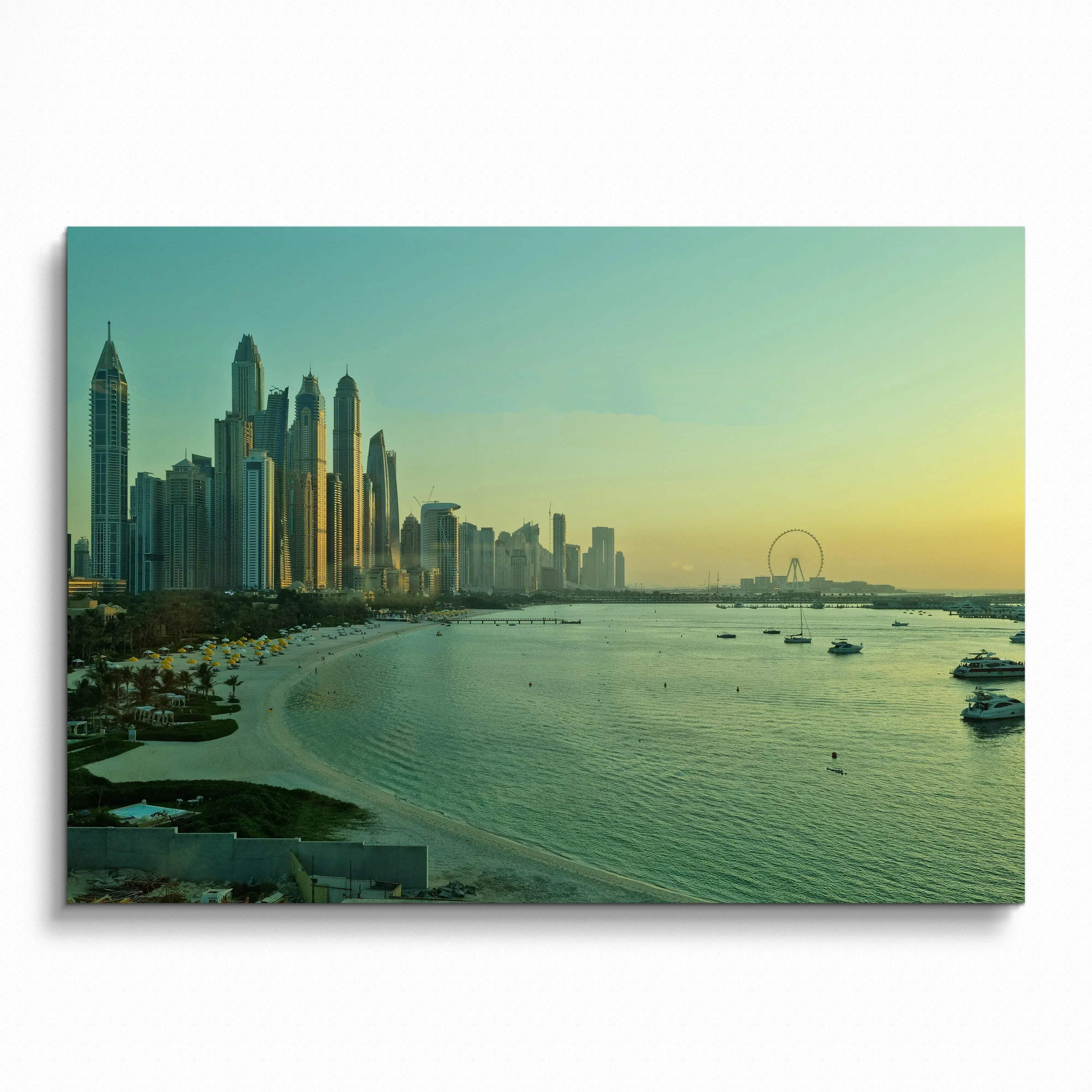 A framed canvas print of dubai skyline at sunset with modern high-rises and Dubai Eye ferris wheel for wall decor