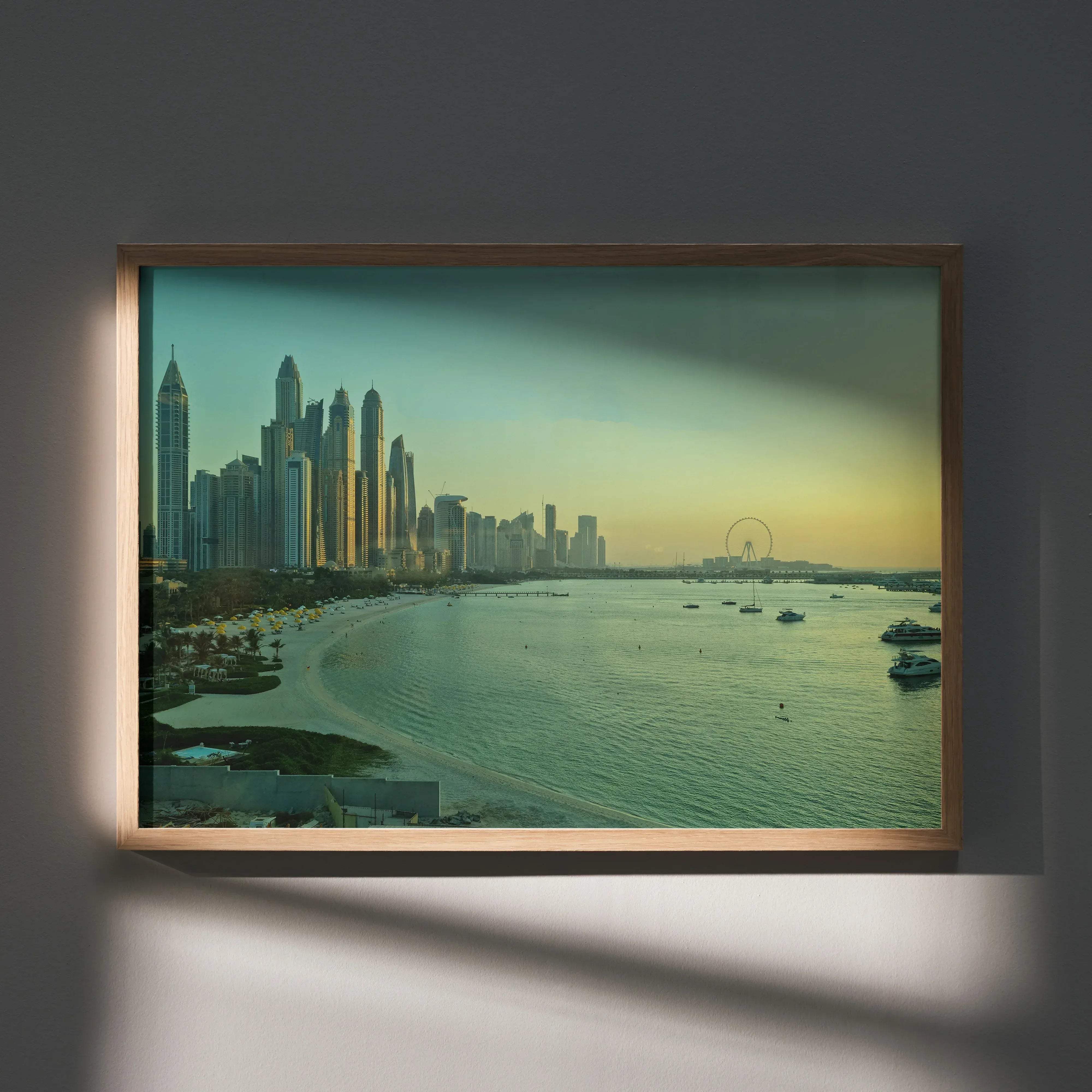 Framed vibrant cityscape poster featuring a modern skyline with tall skyscrapers beachfront and boats for wall decor