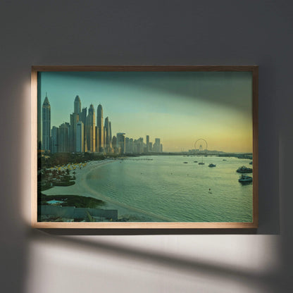 Cityscape poster wall art featuring tall buildings and calm waterfront at sunset.
