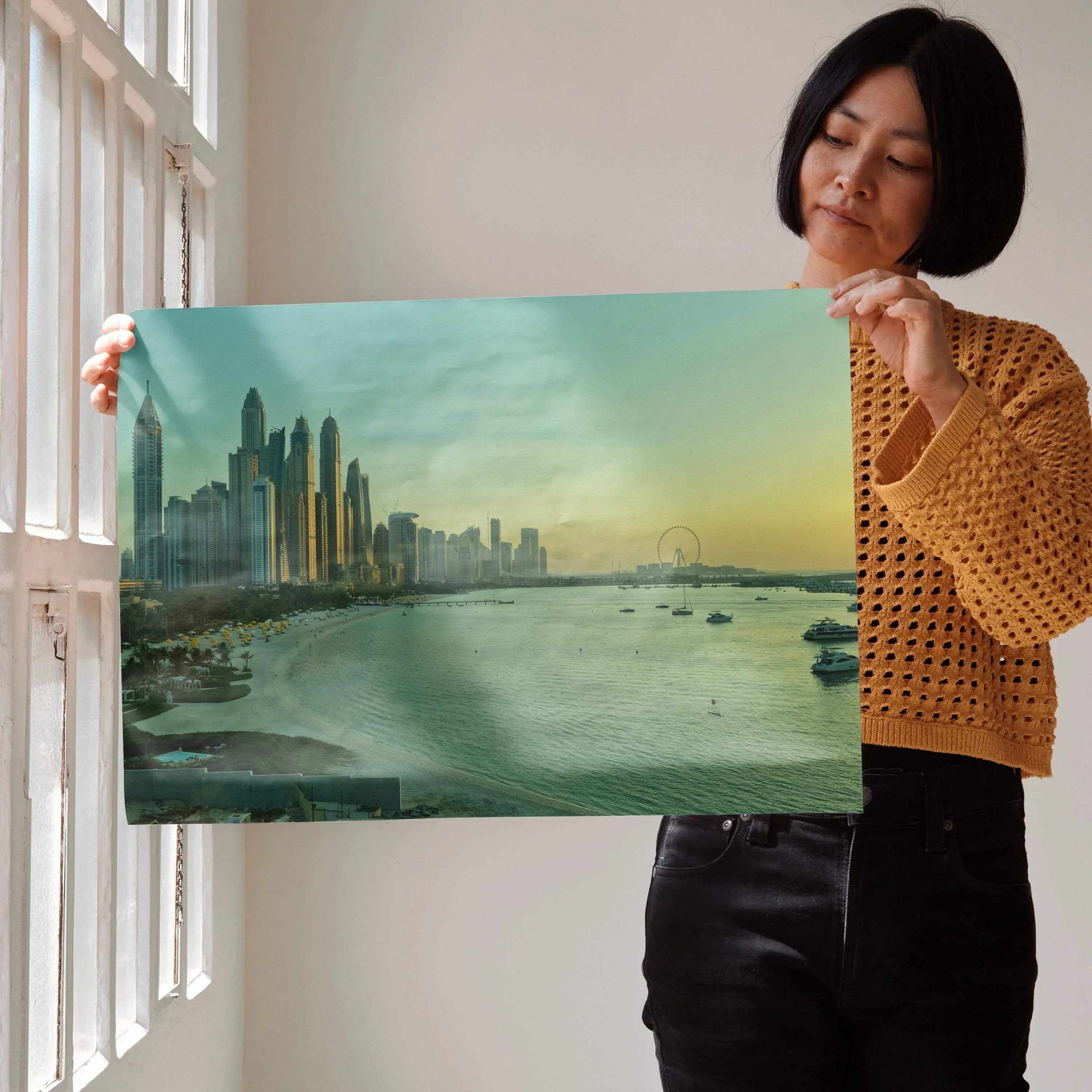 Vibrant cityscape poster showing modern skyline and waterfront with boats, perfect wall art for urban decor.