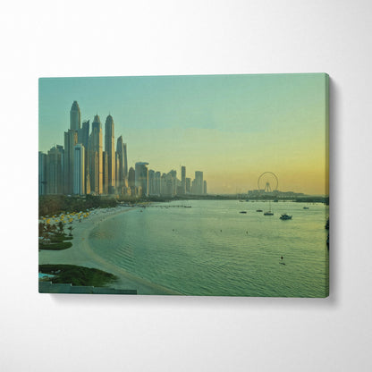 Canvas wall art featuring a vibrant cityscape with skyscrapers and a sunset over the water.