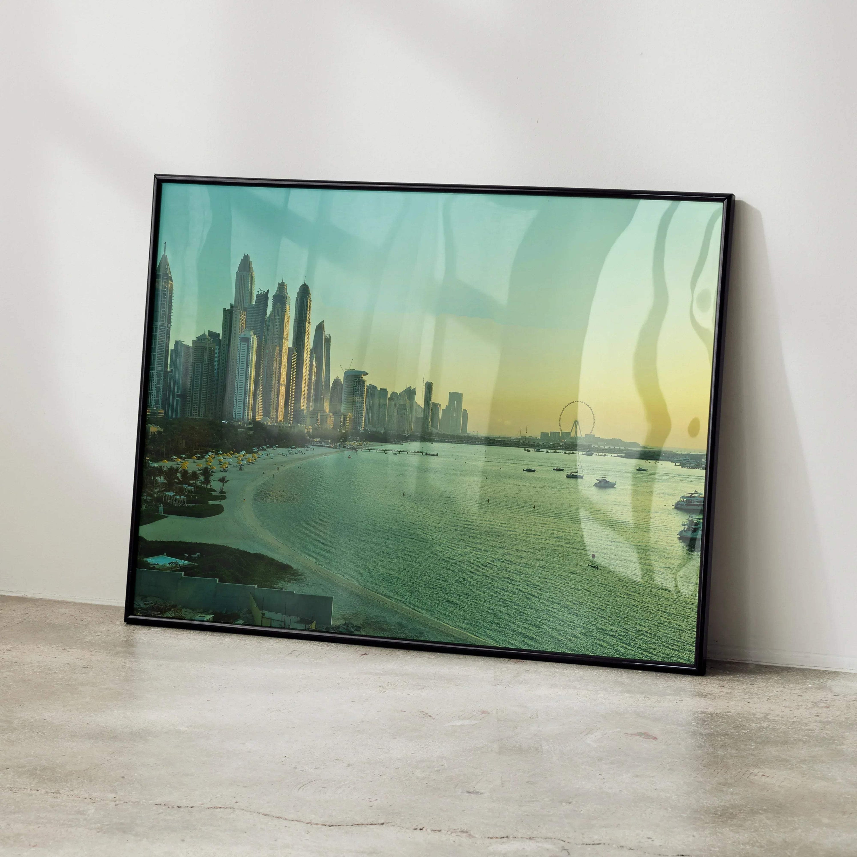 Vibrant cityscape poster with modern skyline and waterfront in soft sunrise tones, wall art in black frame.