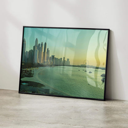 Vibrant cityscape poster with modern skyline and waterfront in soft sunrise tones, wall art in black frame.