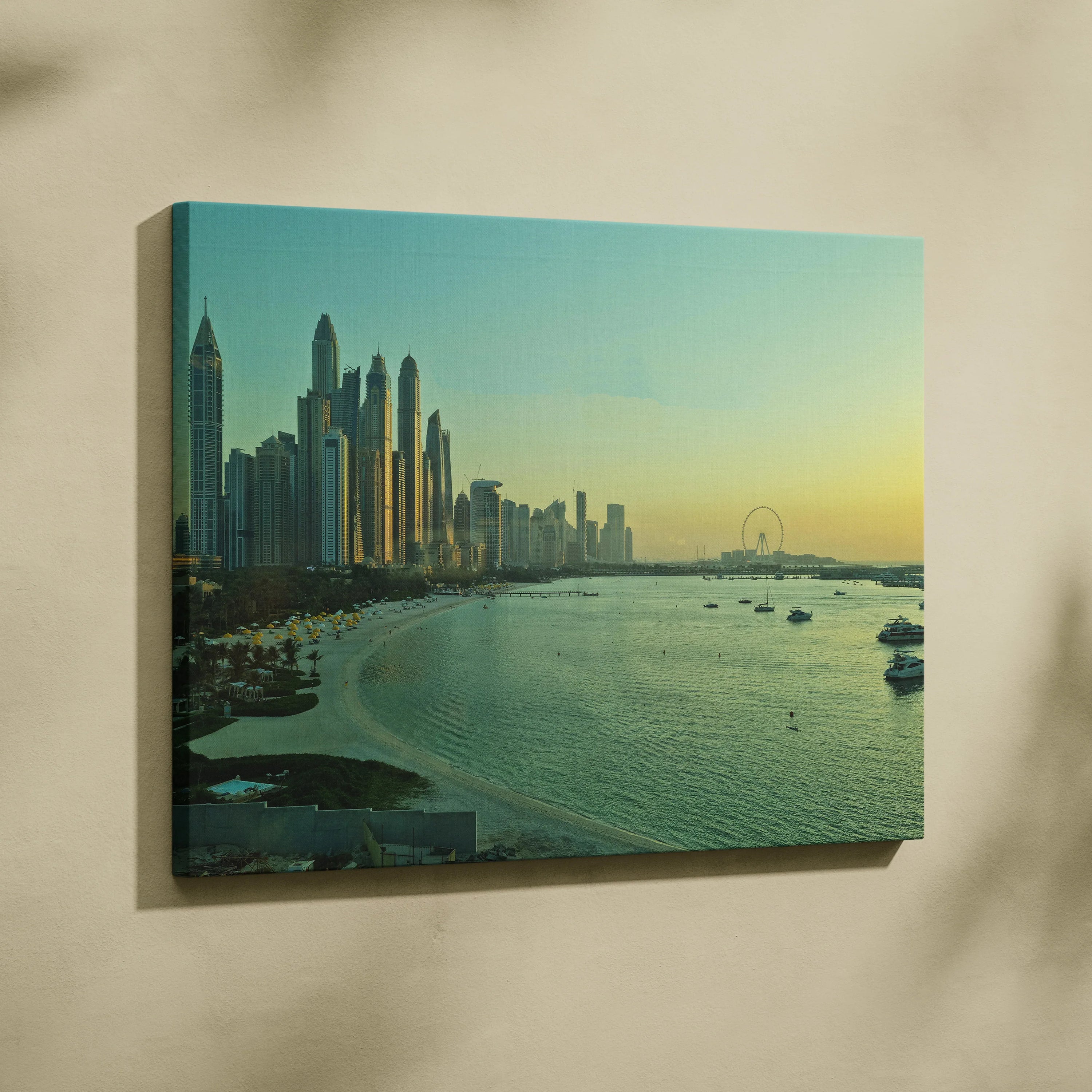 Cityscape canvas wall art featuring a vibrant skyline and calm waterfront at sunset.