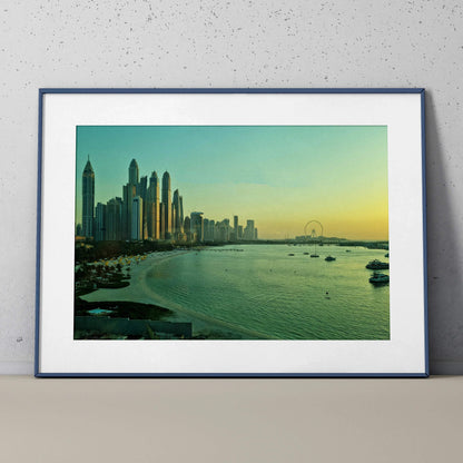 Framed vibrant cityscape poster showing modern skyline and waterfront at sunset wall art.