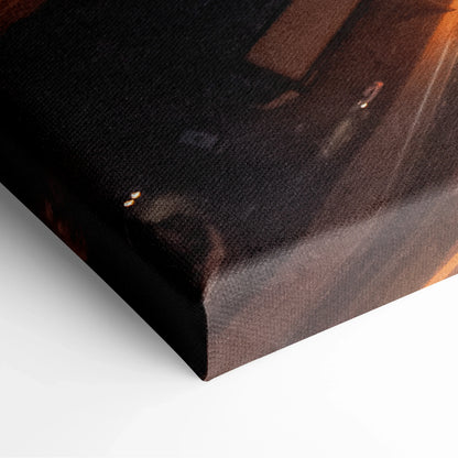 Close-up of canvas wall art corner with dark urban cityscape tones and textured surface.