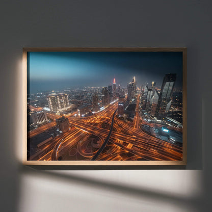Vibrant city night skyline poster with illuminated skyscrapers and glowing highway lights wall art.