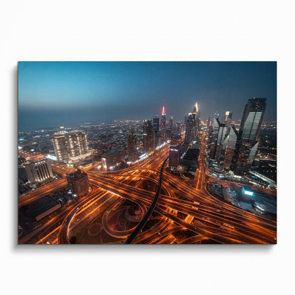 Vibrant city night skyline wall art poster with illuminated highways and skyscrapers.