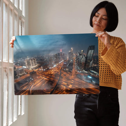 Vibrant city night skyline posters with illuminated buildings and glowing streetlights wall art.