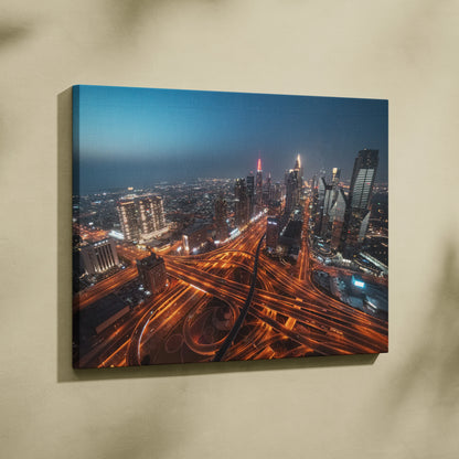Vibrant urban cityscape canvas wall art featuring glowing night traffic and illuminated skyscrapers.