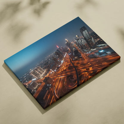 Urban cityscape at night with illuminated highways on canvas wall art.