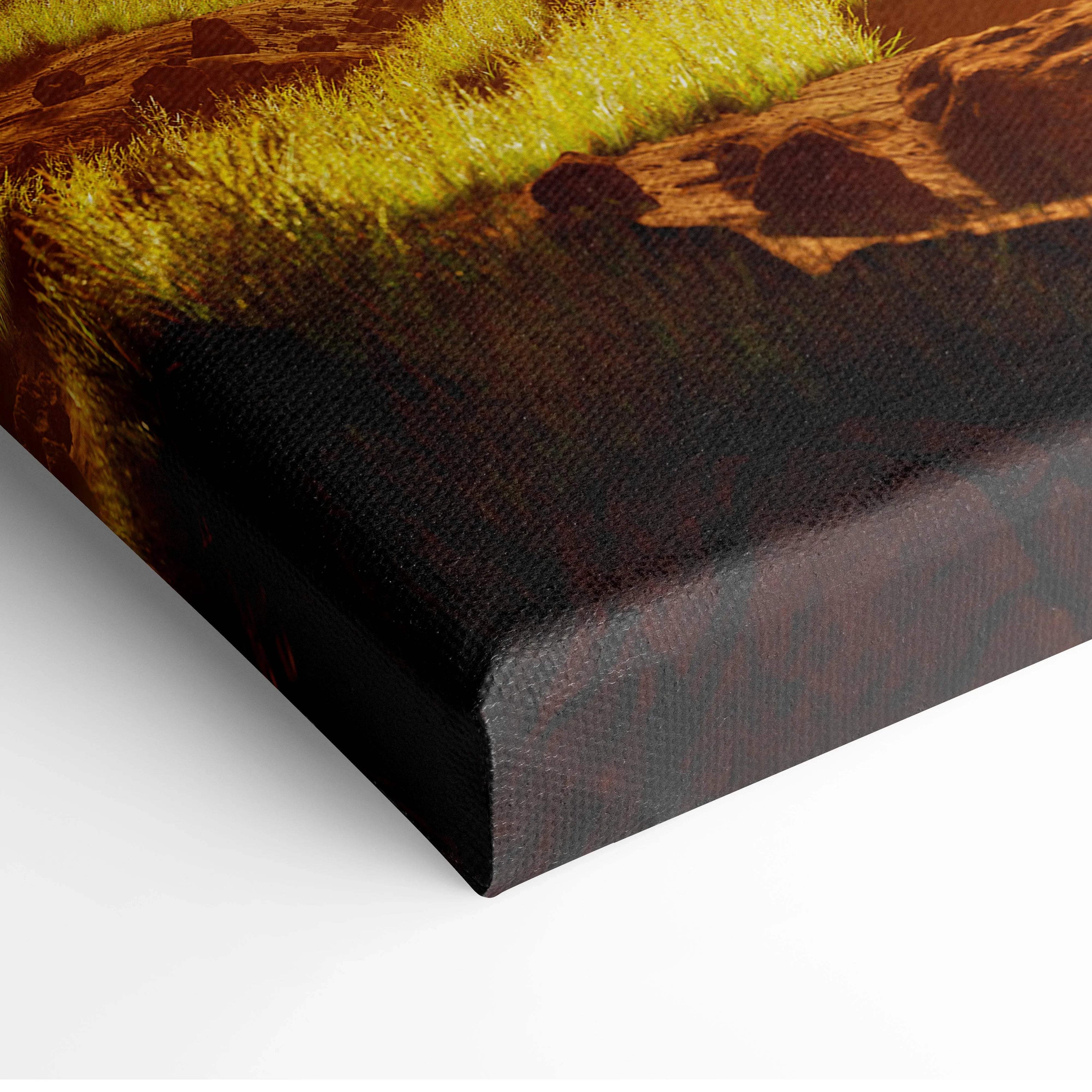 Cinematic sci-fi canvas art: Alien artifact over gold plains, emerald rings, explorer