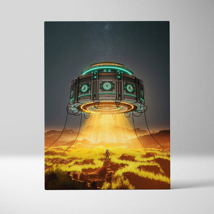 Futuristic UFO with teal gold lights over golden alien plains, emerald rings, explorer