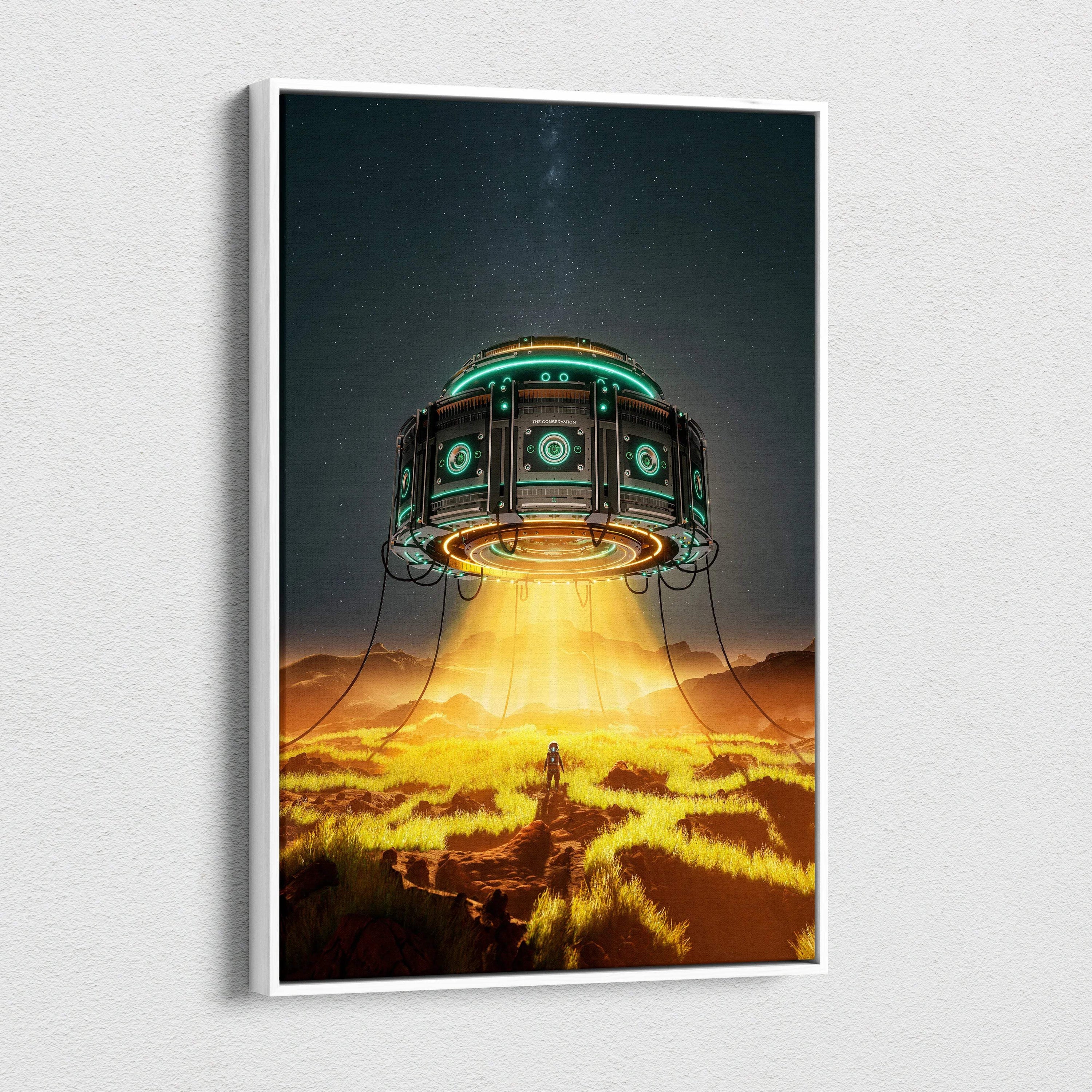 Futuristic alien spacecraft with teal gold accents over gold plains