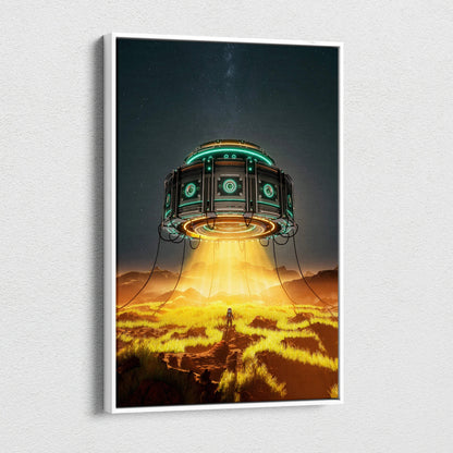 Futuristic alien spacecraft with teal gold accents over gold plains