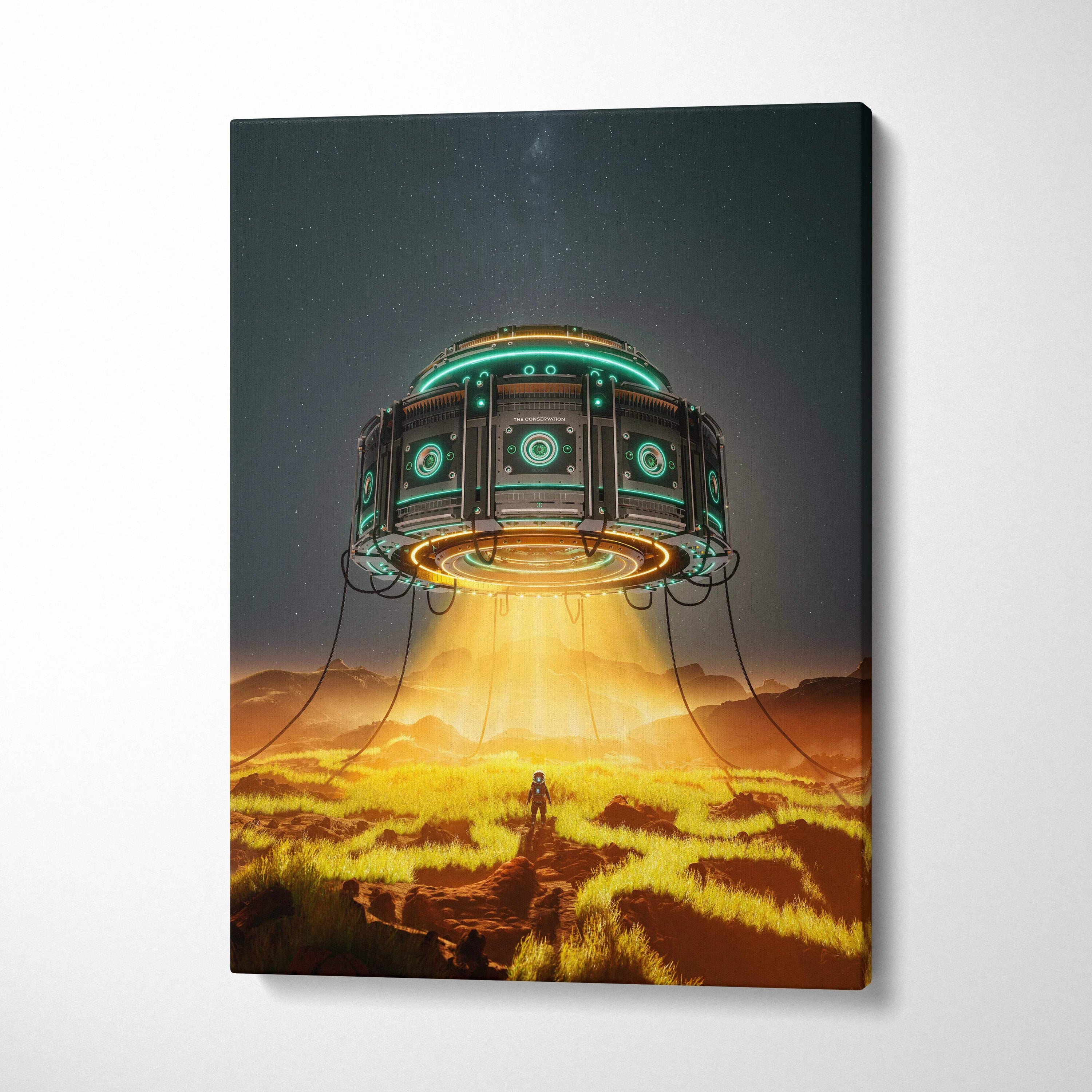 Futuristic alien spacecraft with teal gold accents over desert, emerald rings, amber beam, explorer below