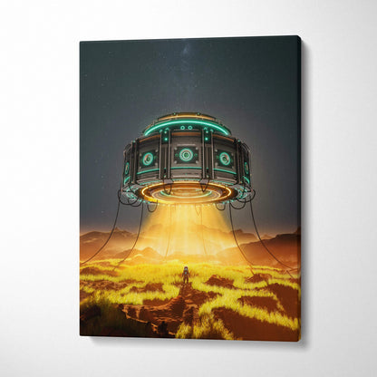 Futuristic alien spacecraft with teal gold accents over desert, emerald rings, amber beam, explorer below