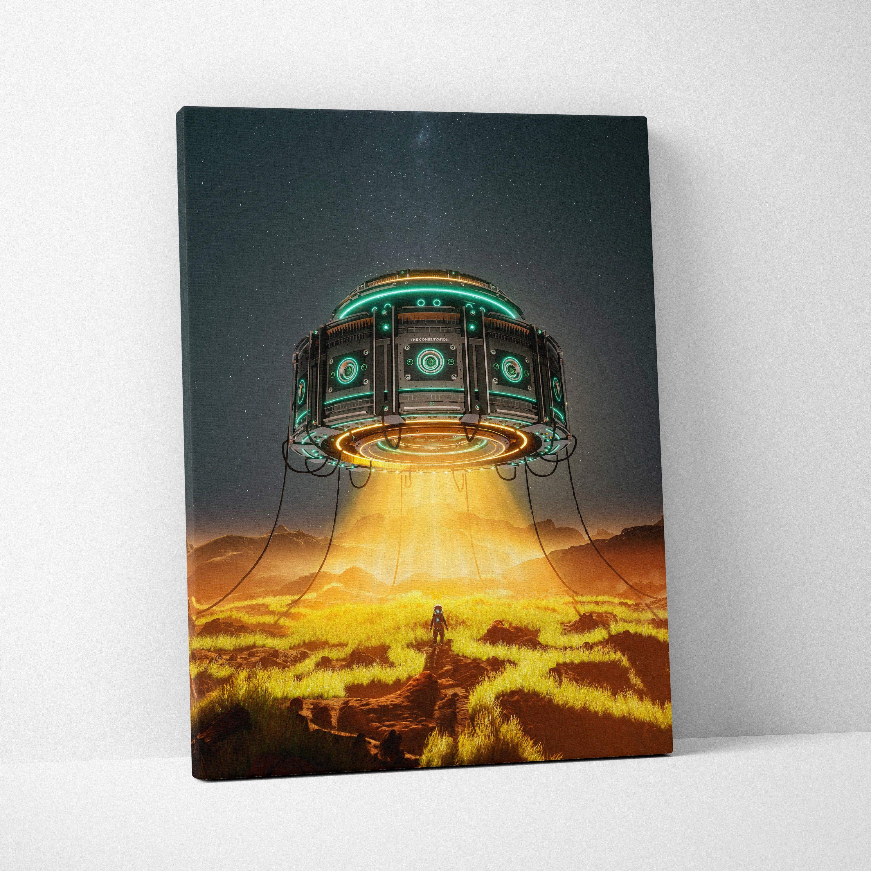 Futuristic UFO with emerald rings and amber beam over gold desert plains, lone explorer below