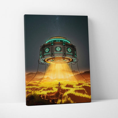 Futuristic UFO with emerald rings and amber beam over gold desert plains, lone explorer below