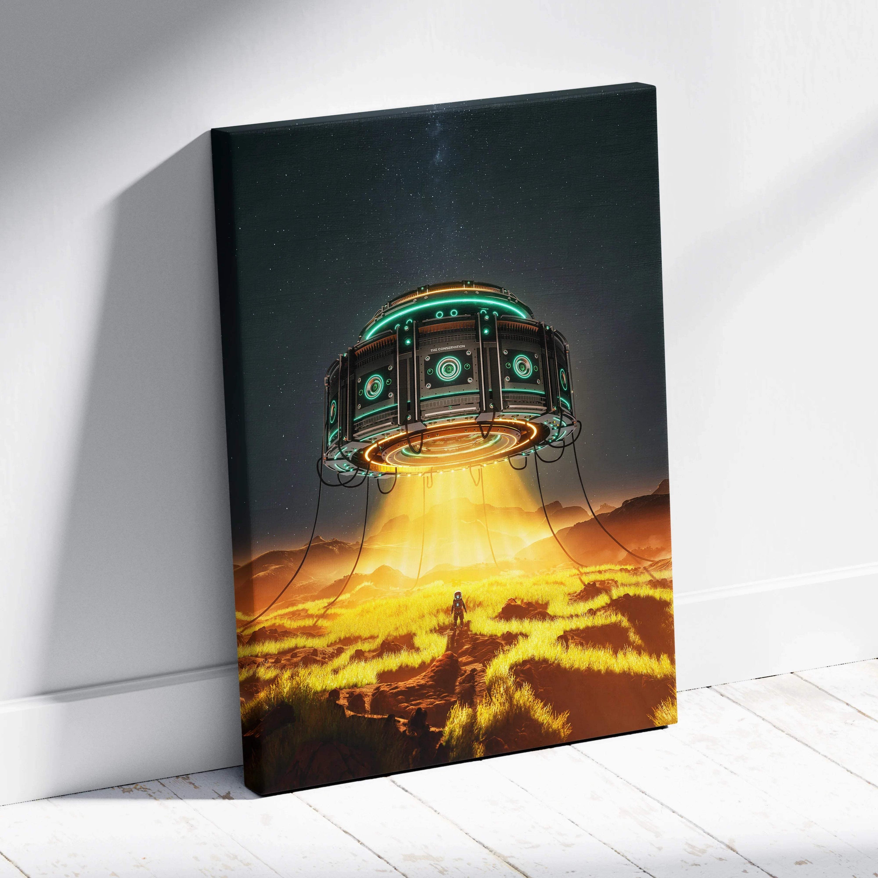 Futuristic UFO with emerald rings and amber beam over gold desert, explorer below