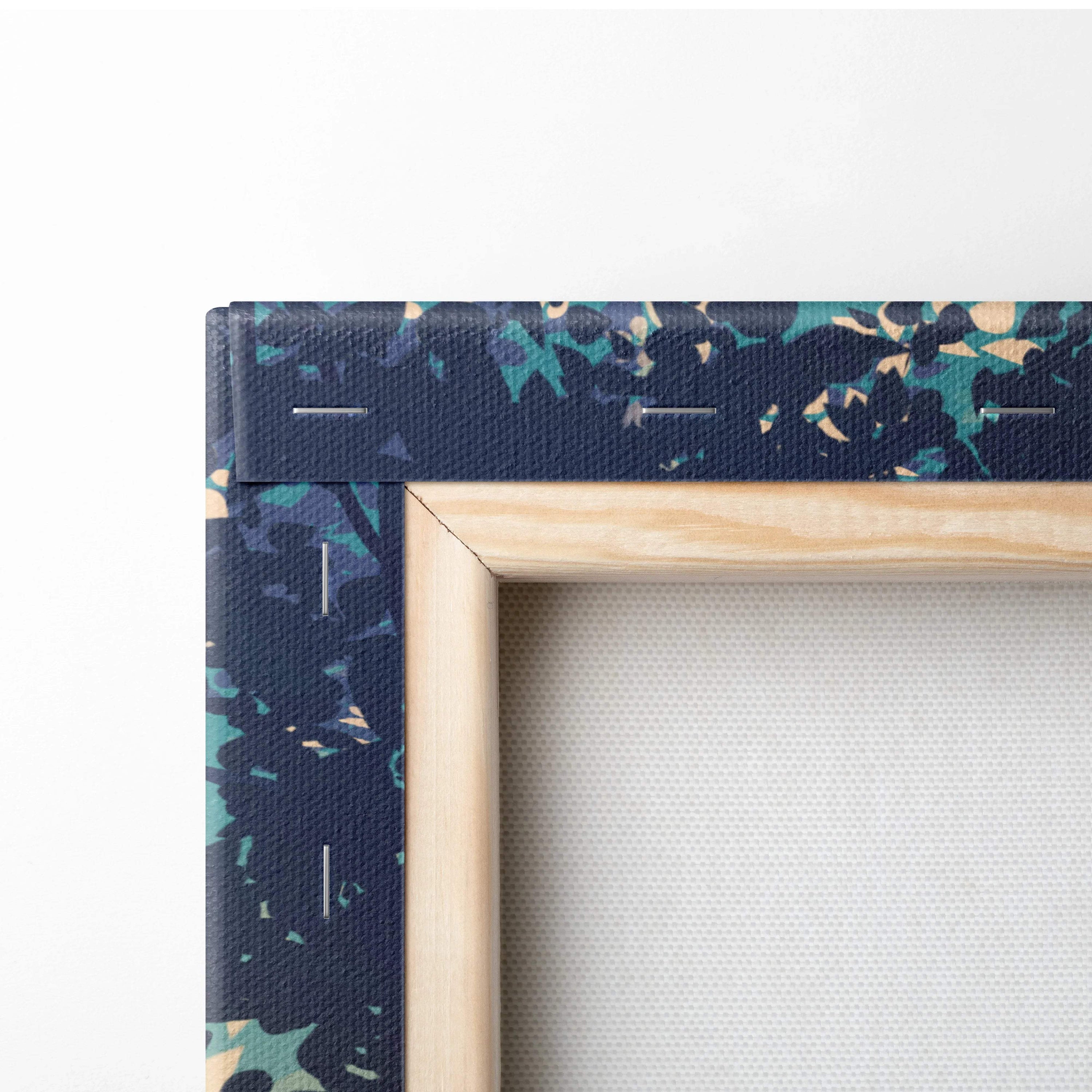 Navy blue floral canvas in teal beige with light wood frame, misty mountain sunrise art