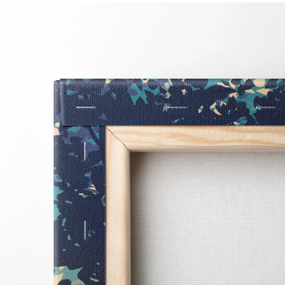 Navy blue floral canvas in teal beige with light wood frame, misty mountain sunrise art