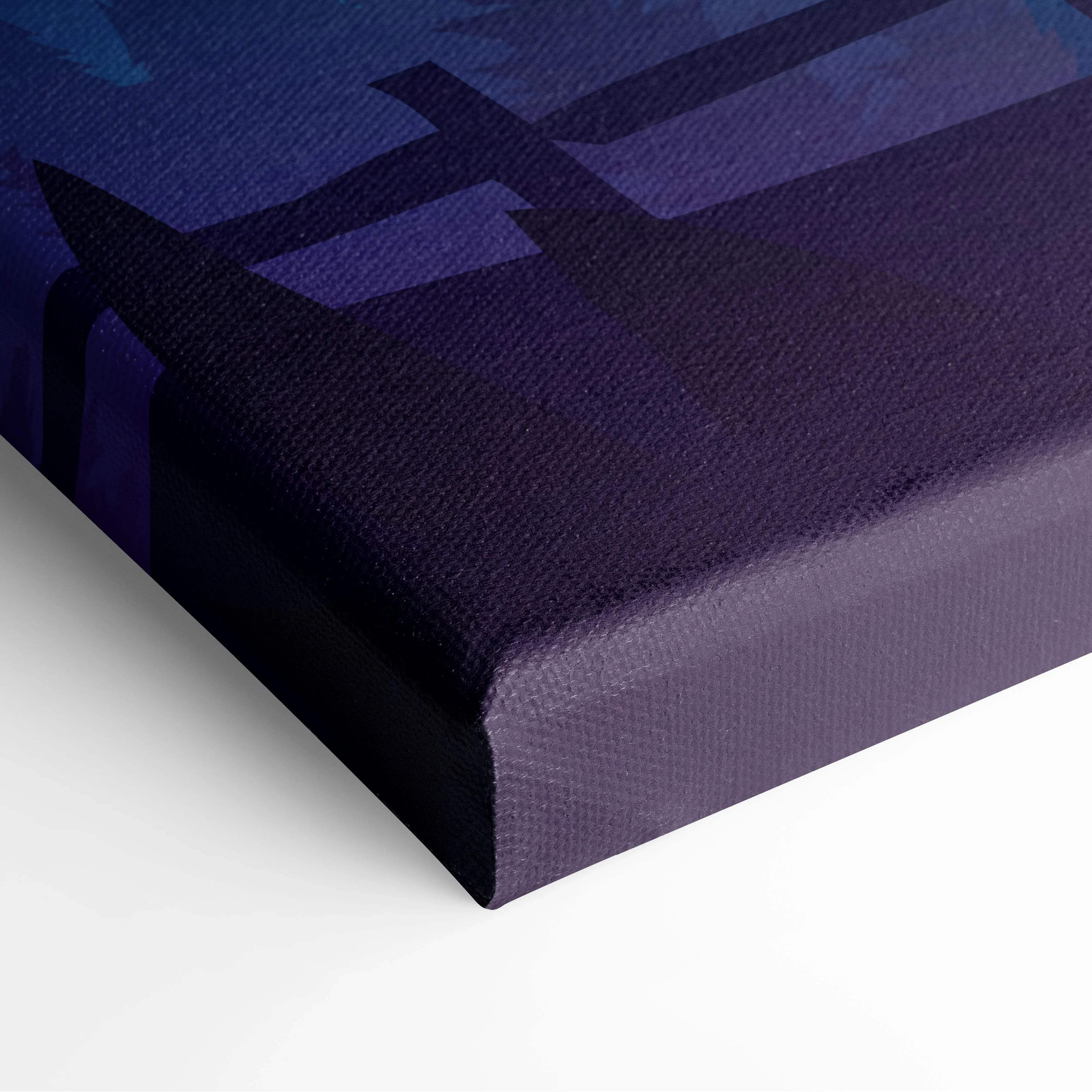 Stylized mountain landscape canvas print in teal pink indigo on purple background