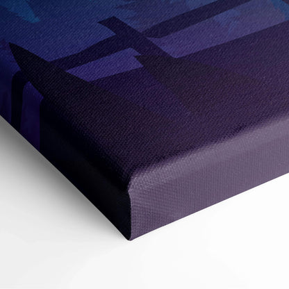 Stylized mountain landscape canvas print in teal pink indigo on purple background
