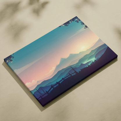 Stylized mountain landscape canvas print with misty valley at sunrise in teal pastels, pink hues, indigo shadows