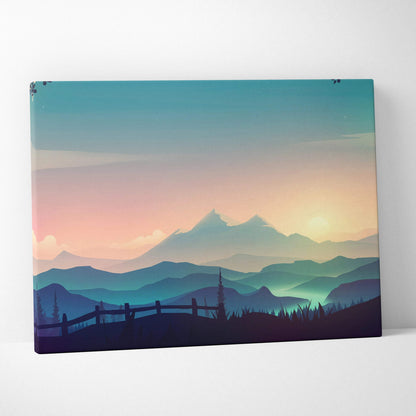 Stylized mountain landscape canvas print with misty valley at sunrise in teal pink hues