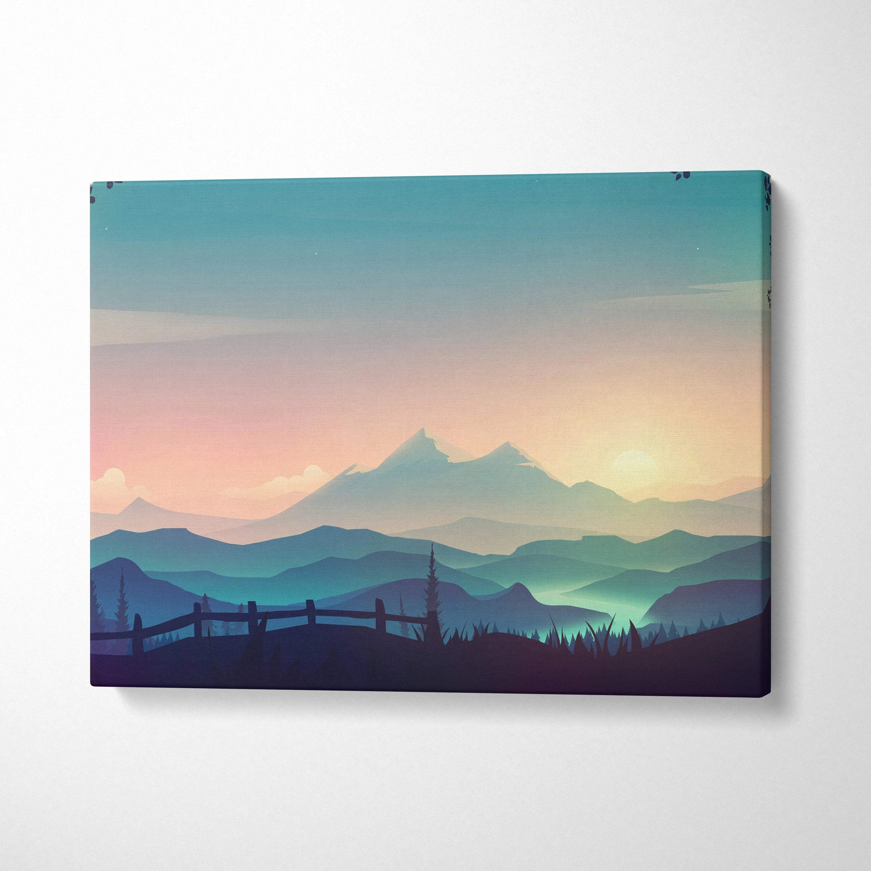 Stylized mountain landscape canvas print with misty valley at sunrise in teal pastels, pink hues, indigo shadows