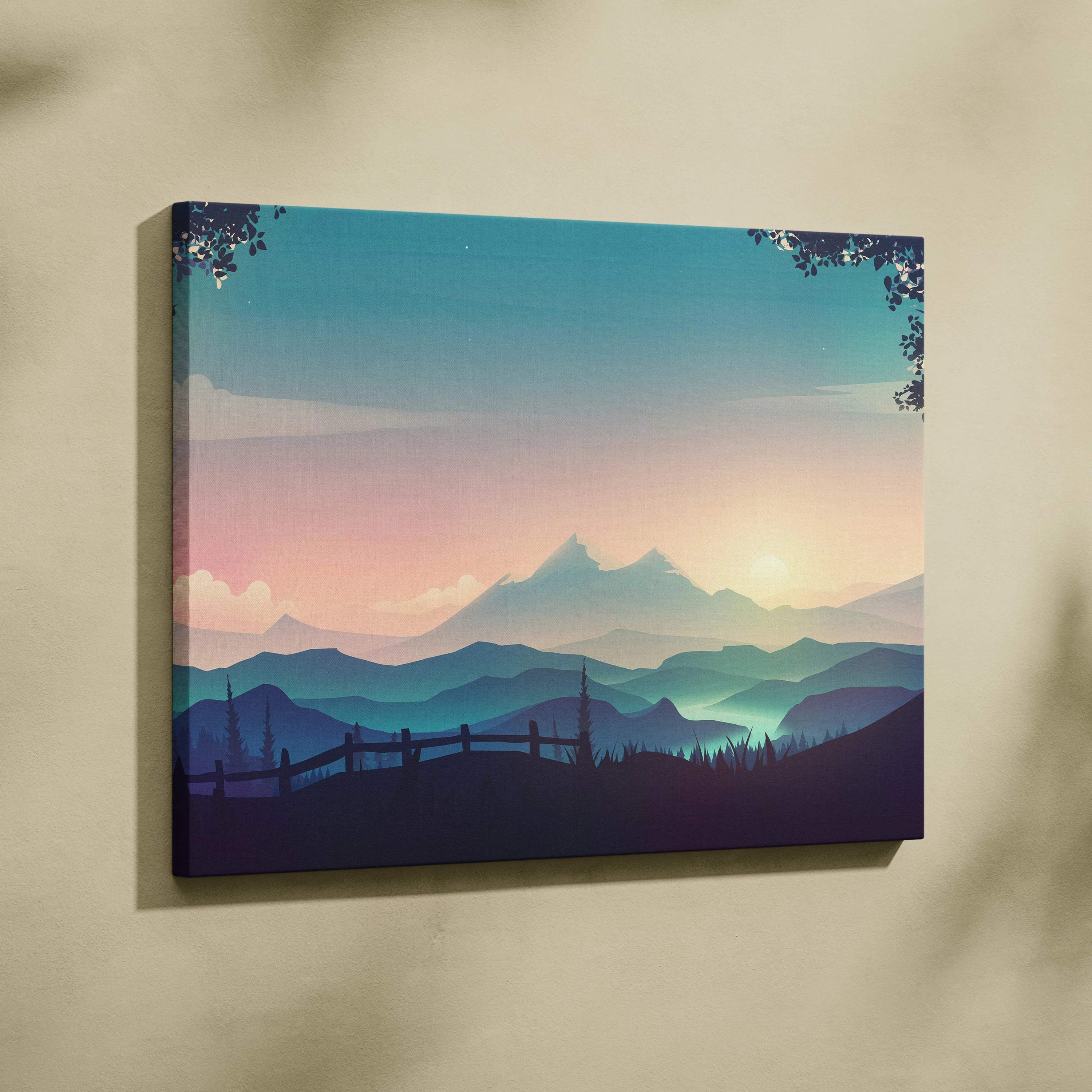 Stylized mountain landscape canvas print with misty valley at sunrise in teal pink hues