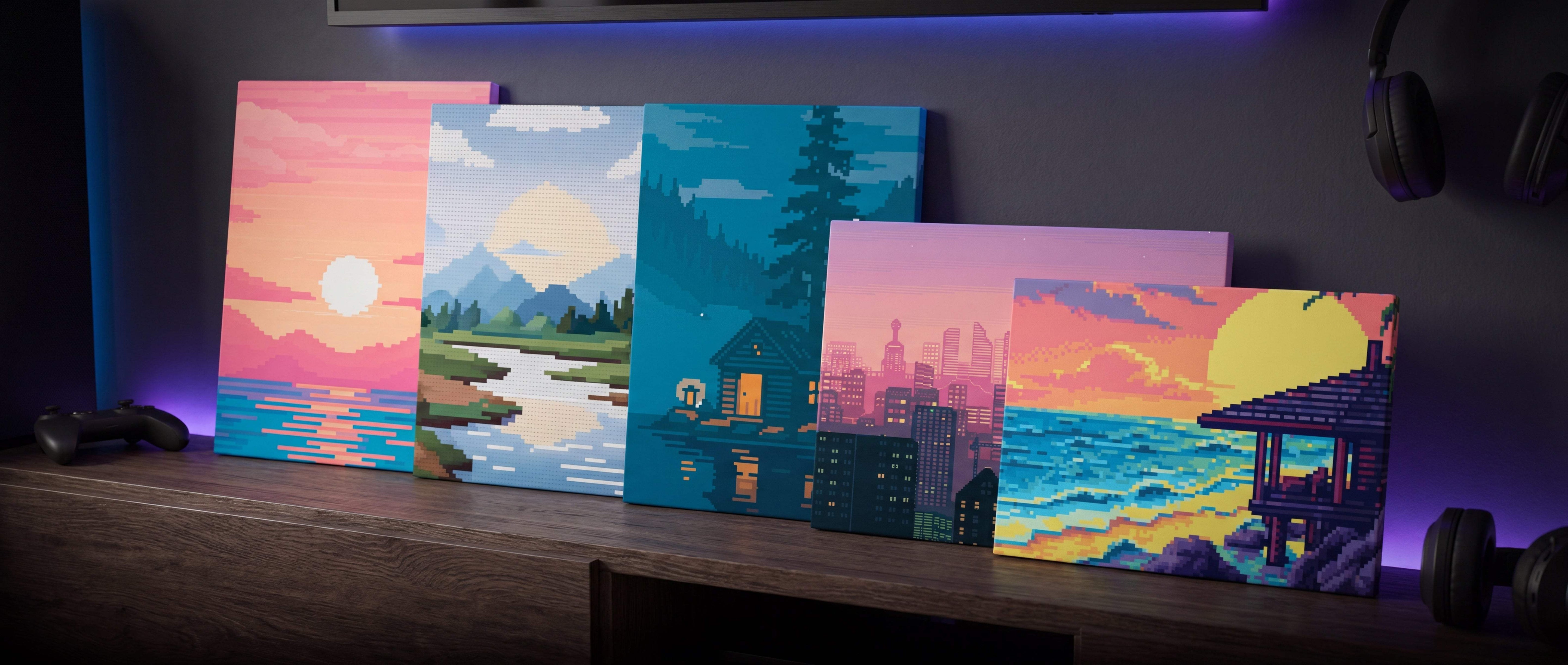 Set of five vibrant, pixel-art style canvas prints featuring scenic landscapes and cityscapes in bold neon hues.
