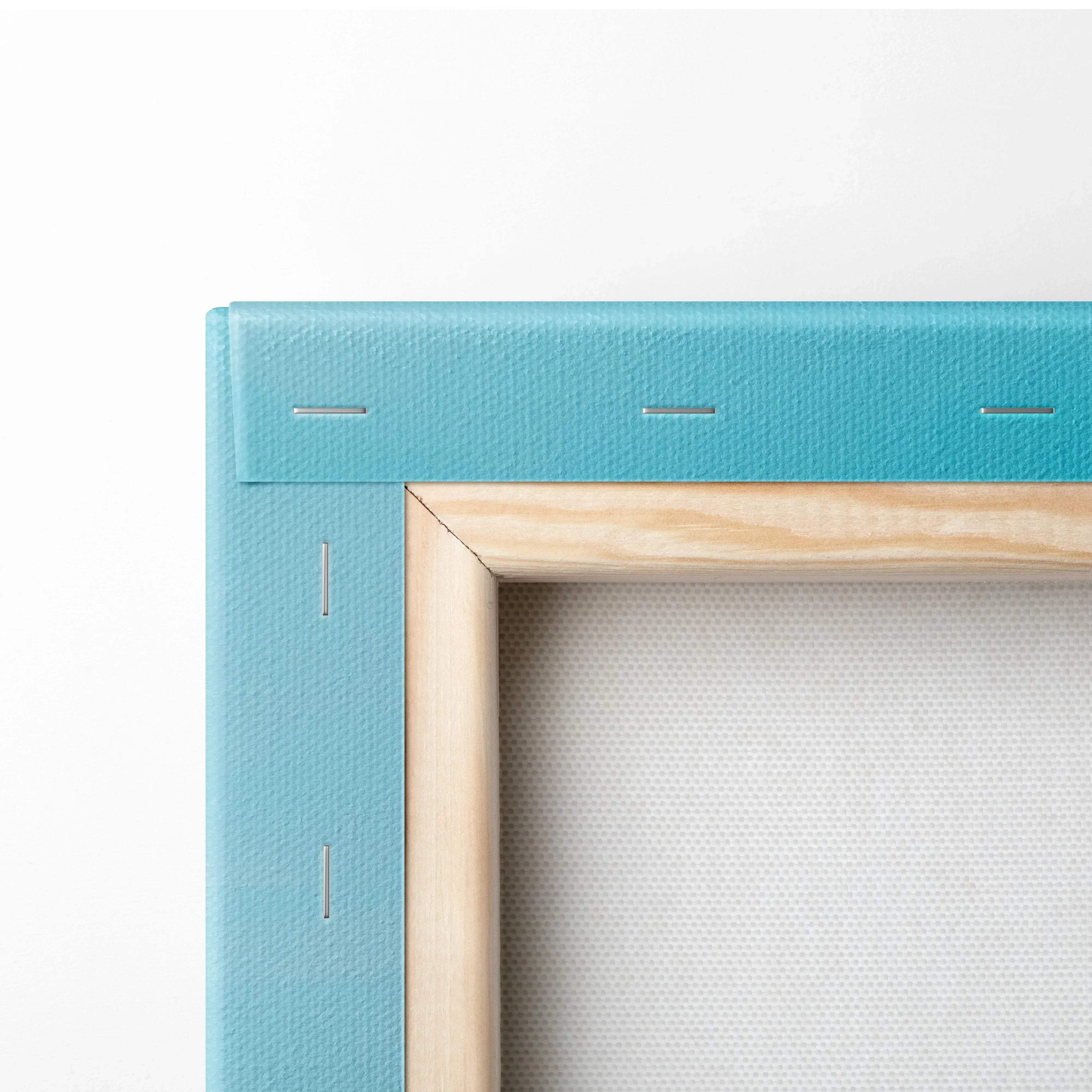 Blue canvas with natural wood stretcher bars and visible staples for wall art print.