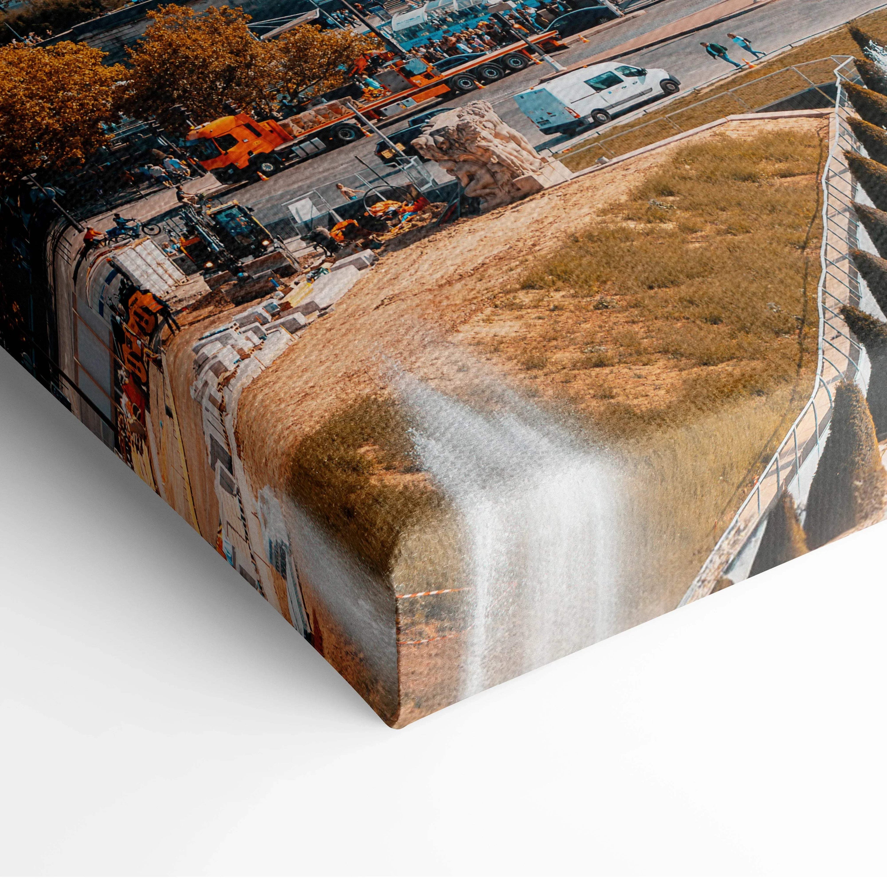 Close-up of Eiffel Tower Paris canvas wall art corner with vibrant autumn colors and detailed texture.