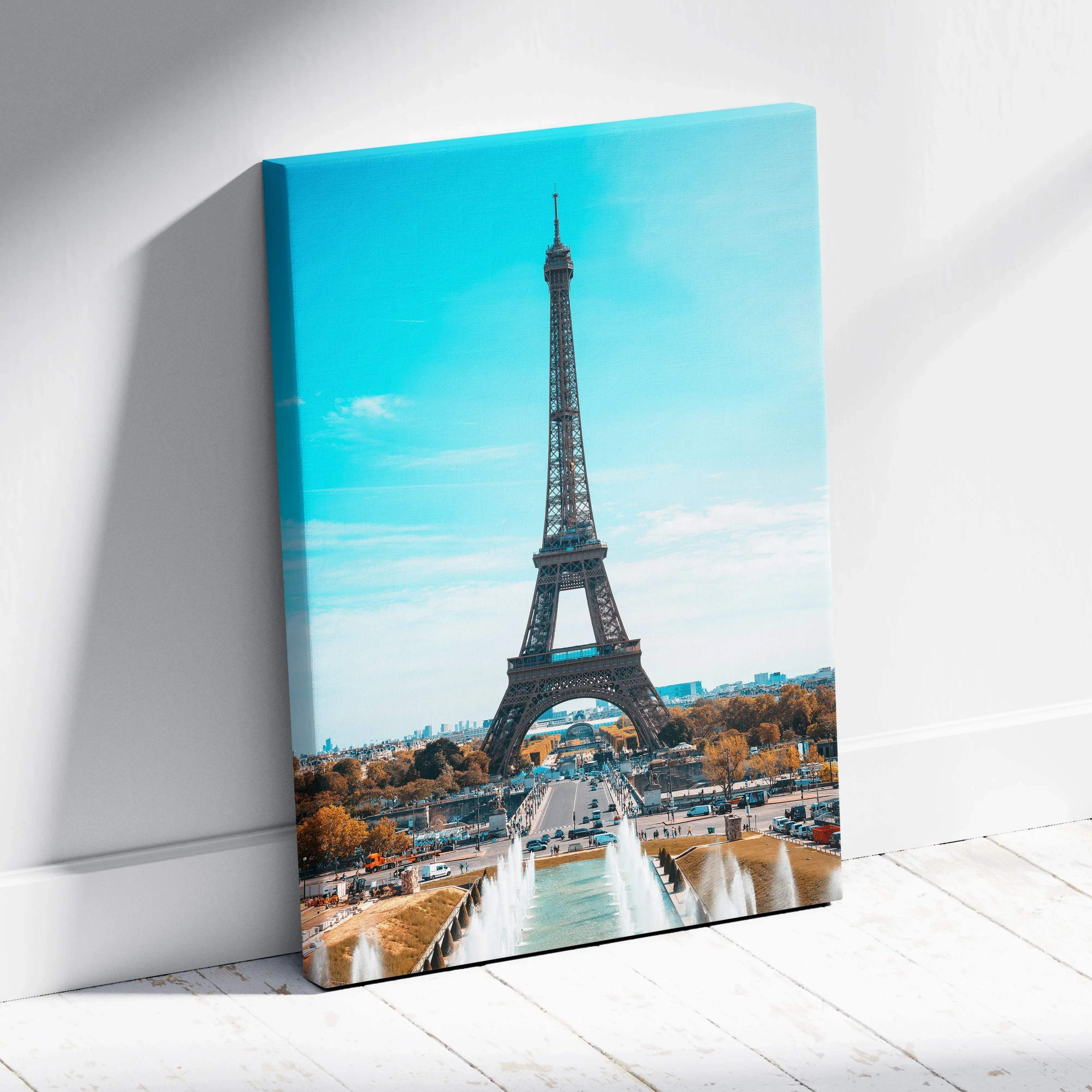 Elegant eiffel tower canvas wall art with vibrant autumn trees and fountains against bright blue sky background
